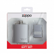 ZIPPO набор/49358 фляжка 89 мл и ветроуст. заж. Brushed Chrome, латунь/сталь, серебро, в коробке
