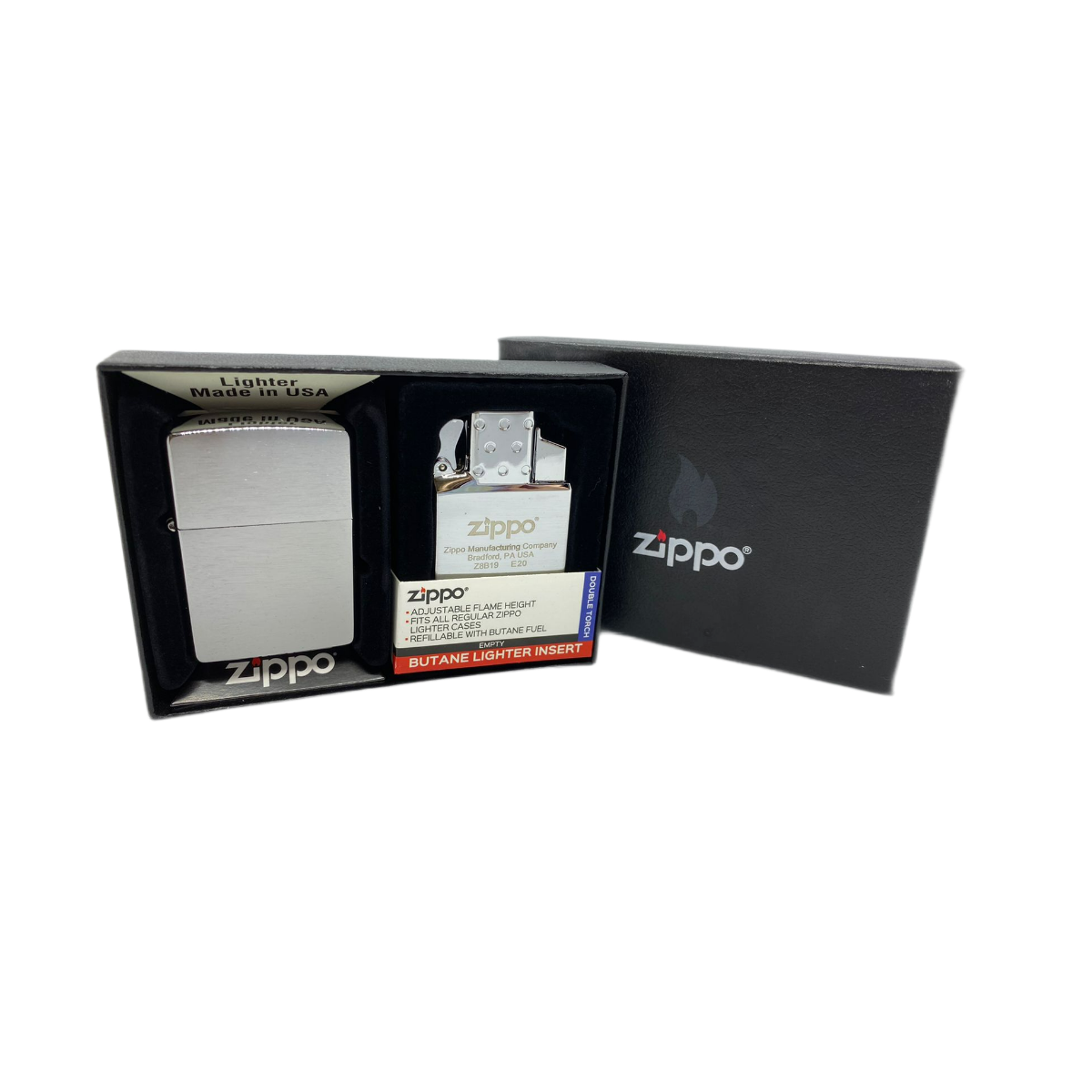 ZIPPO набор/200-082950 заж. 200 с покр. Brushed Chrome и газ.блок с дв/плам., в подар. кор.