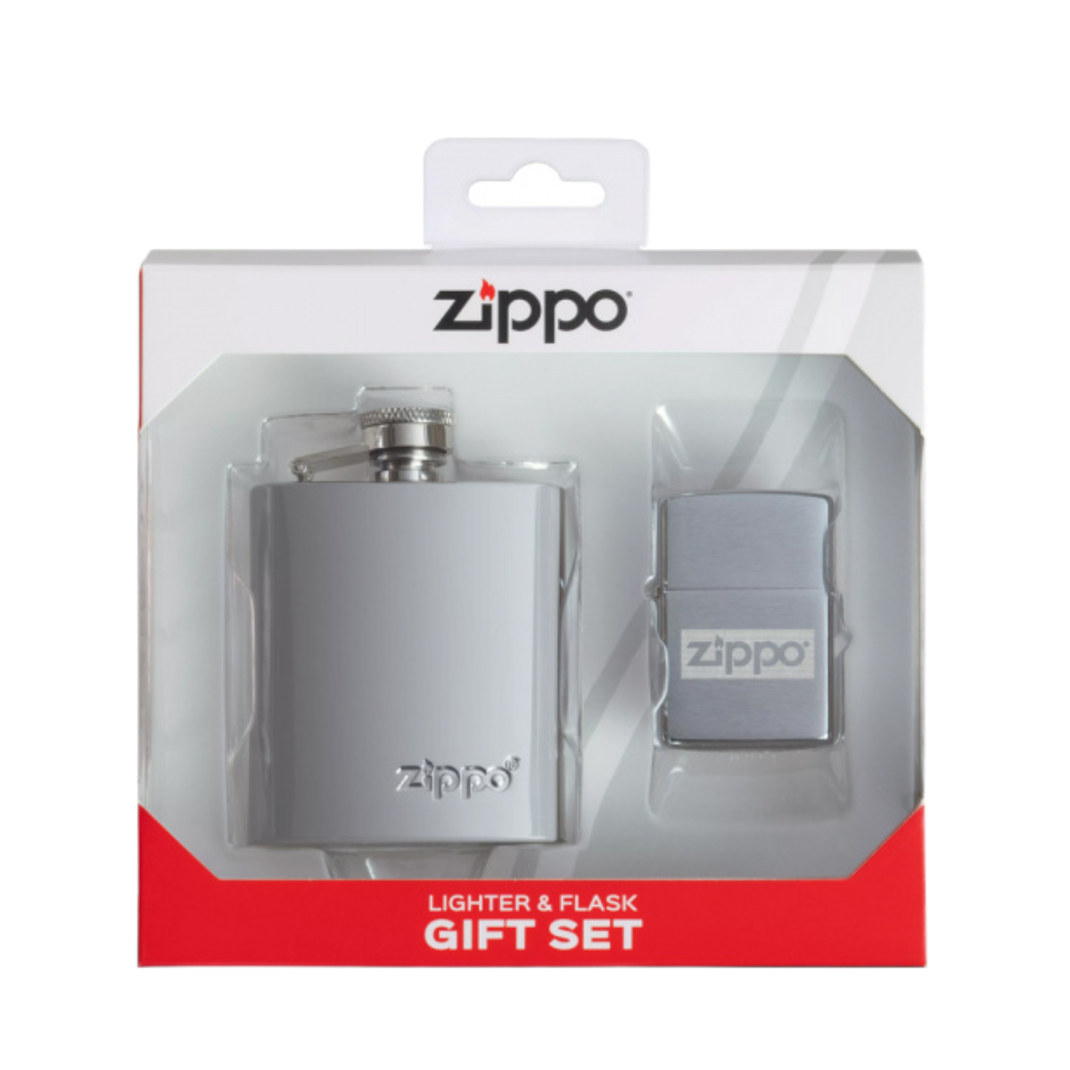ZIPPO набор/49358 фляжка 89 мл и ветроуст. заж. Brushed Chrome, латунь/сталь, серебро, в коробке